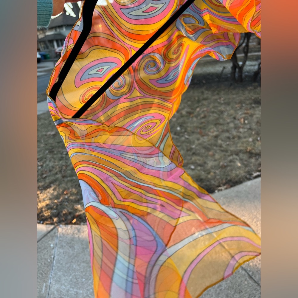 Sheer Paisley 1970s Mod Scarf /Ponytail Tie/Wrap Orange/Pink/Blue/Yellow 15βx44β - Picture 15 of 16
